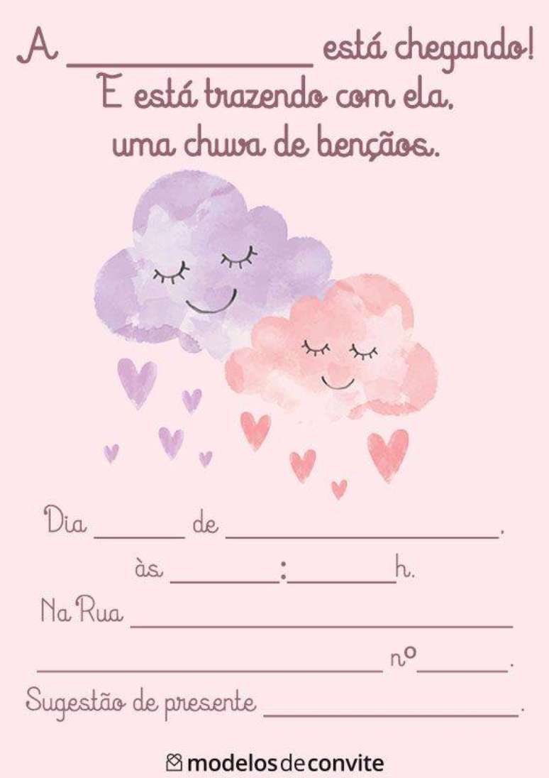 47. Modelo de convite chuva de ben&ccedil;&atilde;o feito com tons de rosa e roxo. Fonte: Modelos de Convite