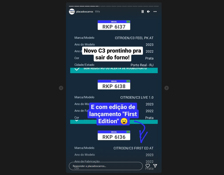 Story publicado pelo perfil @placadoscarros no Instagram
