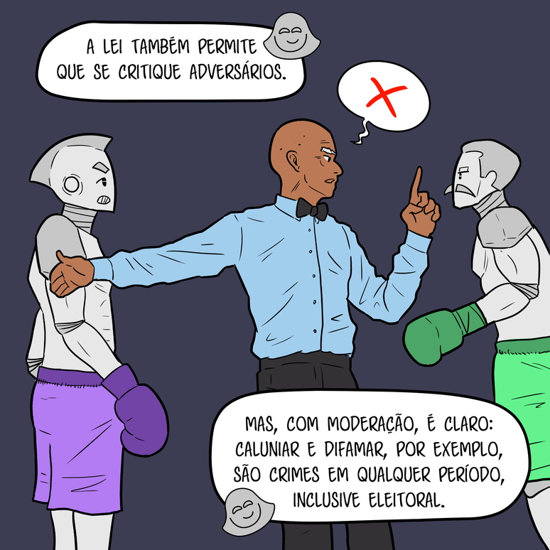 O juiz aparta os dois lutadores. F&aacute;tima diz que &eacute; permitido criticar advers&aacute;rios, desde que dentro dos limites do C&oacute;digo Civil.