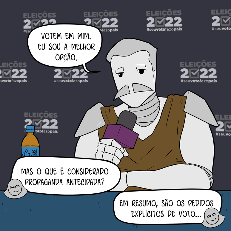 Um dos oponentes da luta pede voto em entrevista coletiva. F&aacute;tima explica que propaganda eleitoral antecipada &eacute; quando um candidato pede votos explicitamente.
