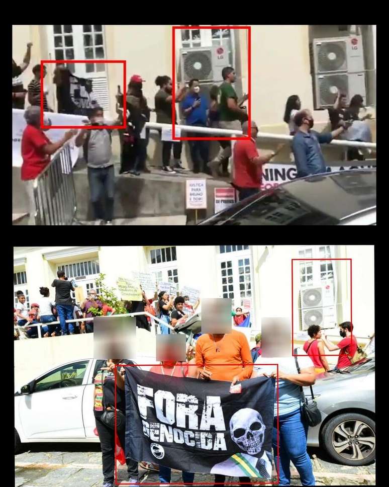 Comparativo mostra elementos id&ecirc;nticos entre uma foto divulgada pelo Sintepe e o v&iacute;deo difundido pelas pe&ccedil;as checadas