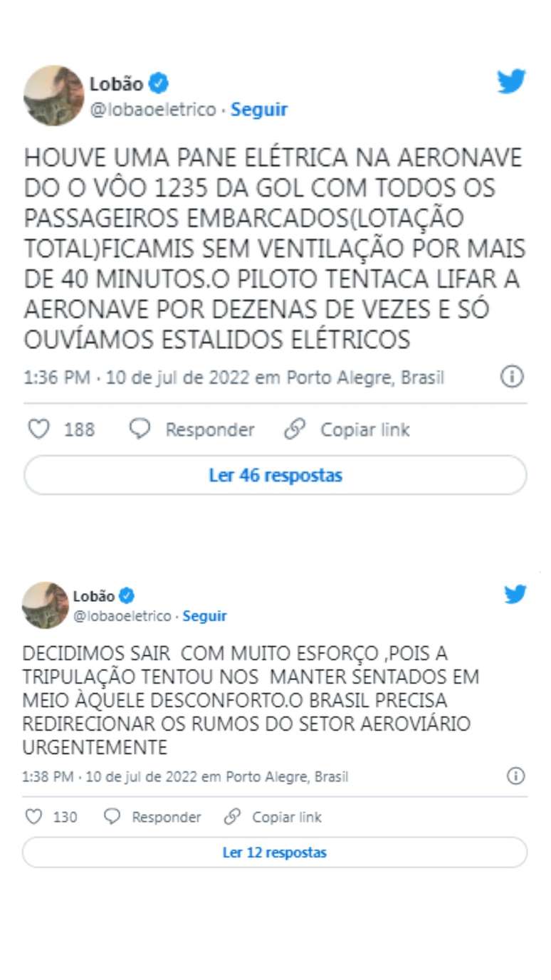 Lobão usou sua conta oficial no Twitter para relatar pane em avião