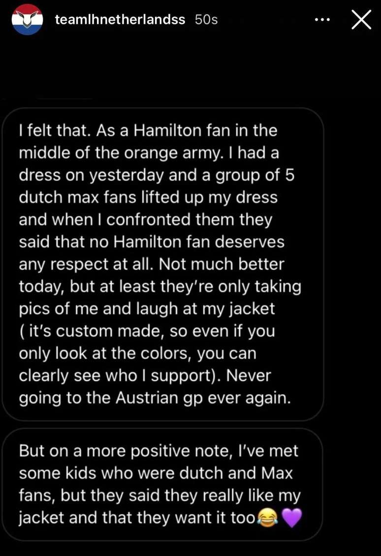 Print do depoimento recebido no Instagram pelo perfil "Team LH Netherlands" 