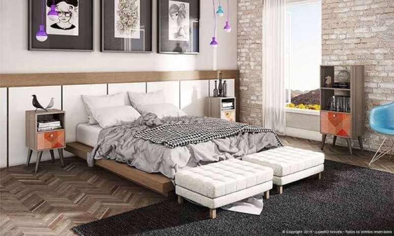 57. Quarto de casal com parede de tijolinho e quadros decorativos. Fonte: LojasKD