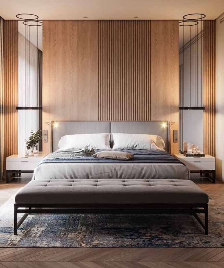 50. Quarto de casal com decora&ccedil;&atilde;o r&uacute;stica. Fonte: Pinterest