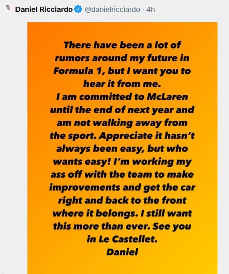 Eis a declaração de "fico" de Daniel Ricciardo em suas redes sociais nesta quarta