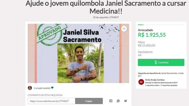 Janiel fez uma vaquinha para se manter estudando enquanto não recebe auxílio estudantil