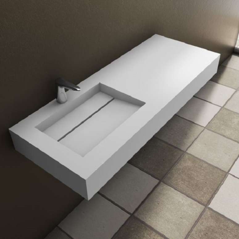 15. Bancada em corian branco para banheiro moderno – Foto Riluxa