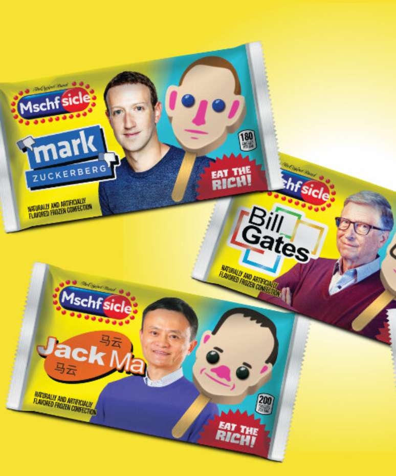 Imagem de an&uacute;ncio de picol&eacute;s com ilustra&ccedil;&otilde;es e alus&atilde;o a bilion&aacute;rios como Bill Gates e Mark Zuckerberg.