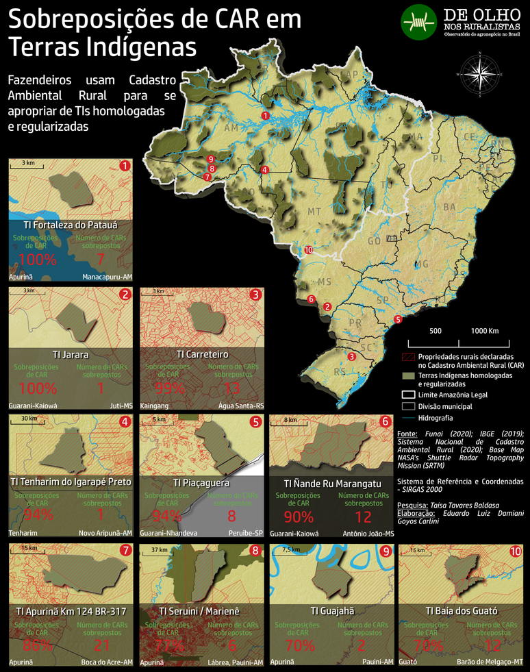 Observatório reuniu em mapa as maiores sobreposições em terras indígenas.