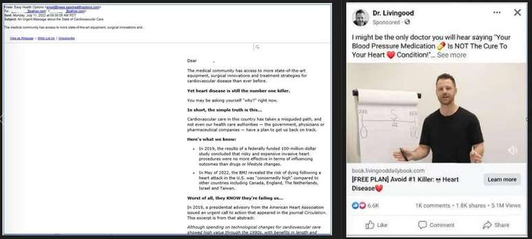 Imagens anexadas ao processo exibem anúncios via Facebook e e-mail relacionados a dados médicos que teriam sido cadastrados em sistemas privados (Imagem: Reprodução/Northern District of California)