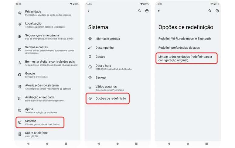 Passo a passo para restaurar o Moto G82 5G aos padrões de fábrica (Imagem: Captura de tela/Canaltech)