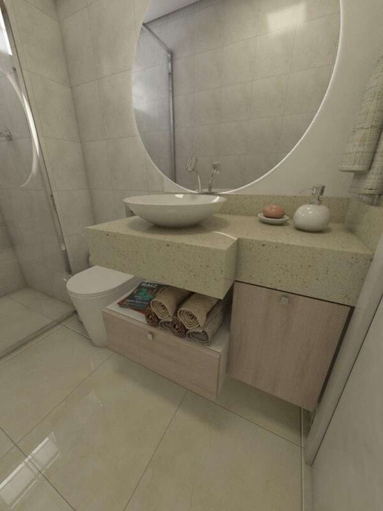 72. Pia de banheiro de mármore bege com espelho redondo com led – Foto Ednilson Hinckel