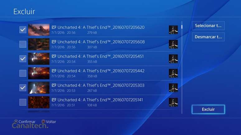 Selecionando um jogo, você conseguirá gerenciar as capturas e vídeos salvos individualmente, eliminando aquilo que mais ocupa espaço (Imagem: Captura de tela/Sergio Oliveira/Canaltech)