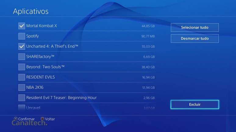 Veja quais jogos estão ocupando mais espaço em disco e os selecione para excluir e dar um novo fôlego ao seu PS4 (Imagem: Captura de tela/Sergio Oliveira/Canaltech)