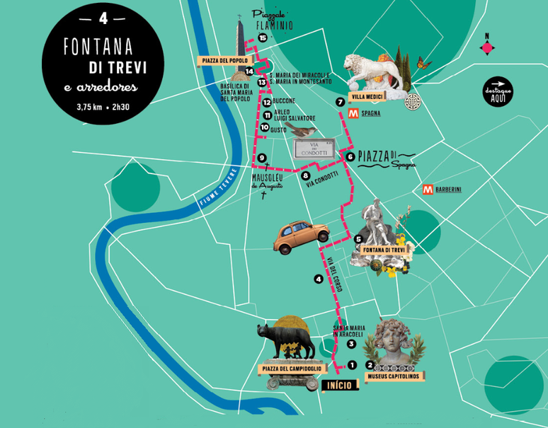 Mapa do roteiro que passeia pela Fontana di Trevi e arredores.