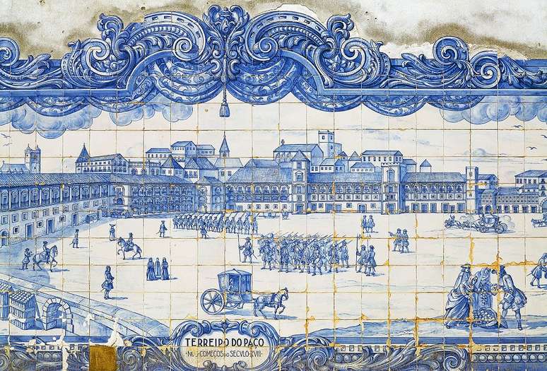 Pra&ccedil;a do Com&eacute;rcio antes do terremoto de 1755, representada em azulejos na embaixada da It&aacute;lia, s&eacute;culo 18