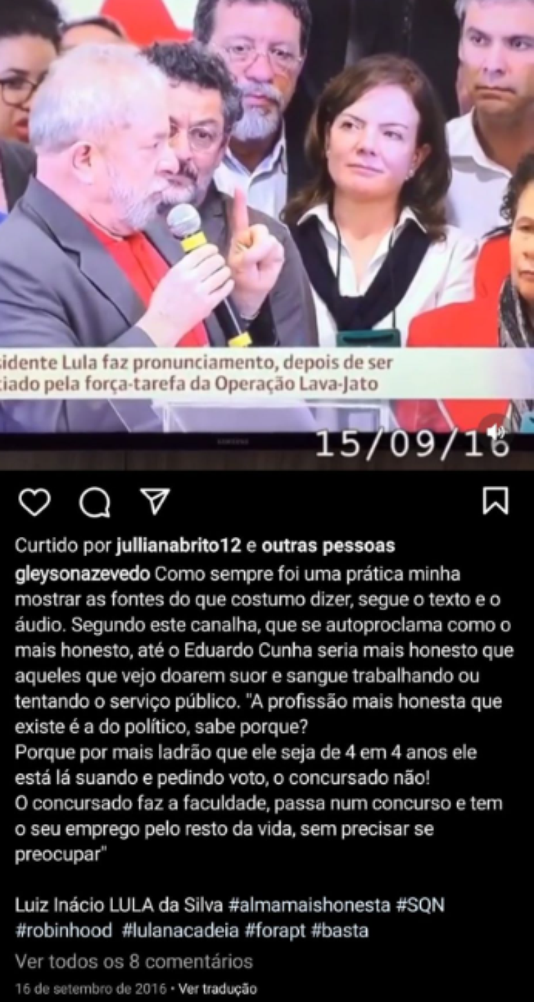 Postagem do tenente coronel Gleyson Azevedo da Silva cobra 'Lula na cadeia'