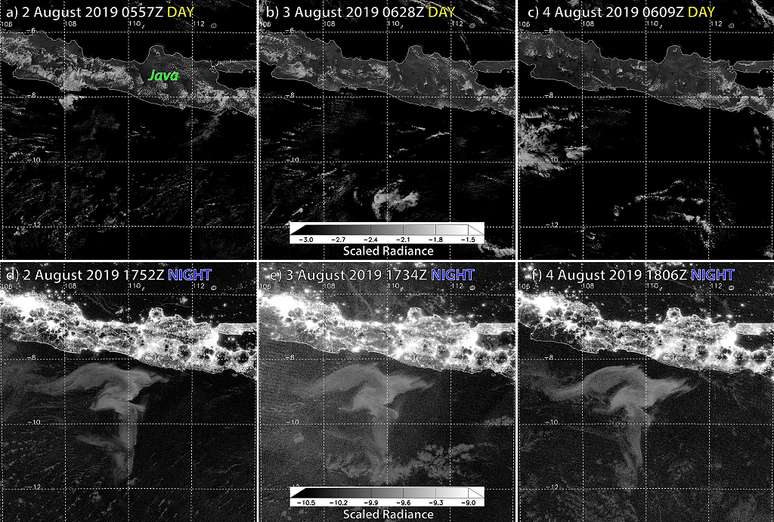 Imagem do evento publicada no relatório científico da equipe Miller na Nature Scientific Reports, em julho de 2021, comparando as visualizações de satélite diurnas e noturnas