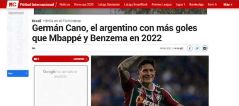 Cano ganha destaque em jornal da Argentina (Foto: Reprodução)