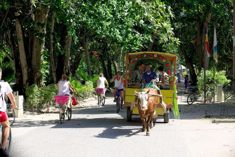 Em La Digue, o principal meio de locomo&ccedil;&atilde;o &eacute; a bicicleta - e depois, a charrete.
