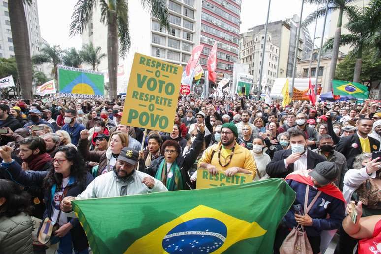 Ato em defesa da democracia na Faculdade de Direito da USP, no Largo São Francisco, no centro de São Paulo, nesta quinta-feira, 11 de agosto de 2022