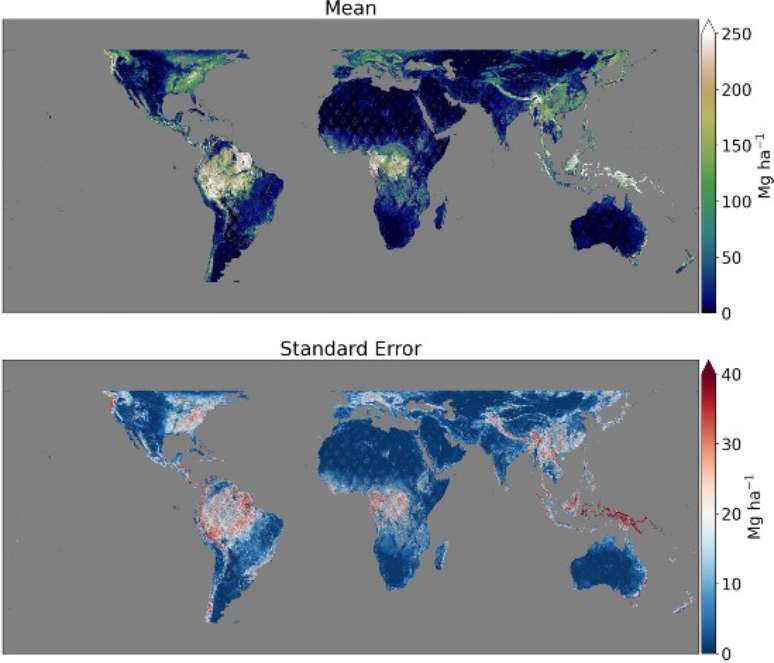 Visualização de dados do GEDI — as cores representam as toneladas de biomassa aérea por hectare no mapa superior, enquanto o mapa inferior mostra o erro de previsão do modelo GEDI de biomassa