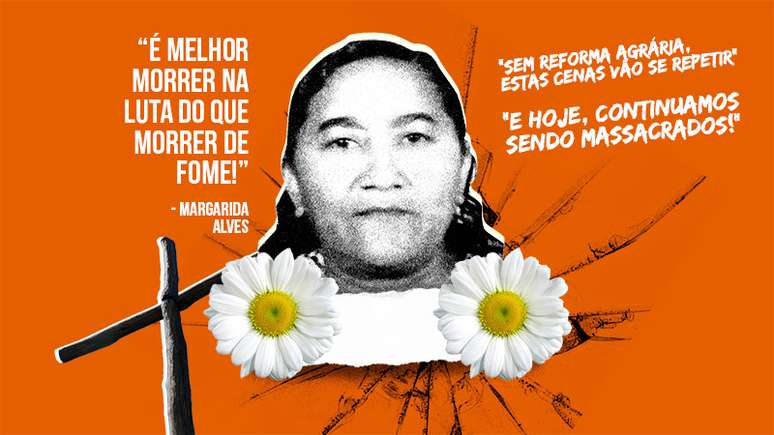 Colagem com o rosto de Margarida Alves e as frases "É melhor morrer na luta do que morrer de fome", "Sem reforma agrária estas cenas vão se repetir" e "E hoje continuamos sendo massacrados".