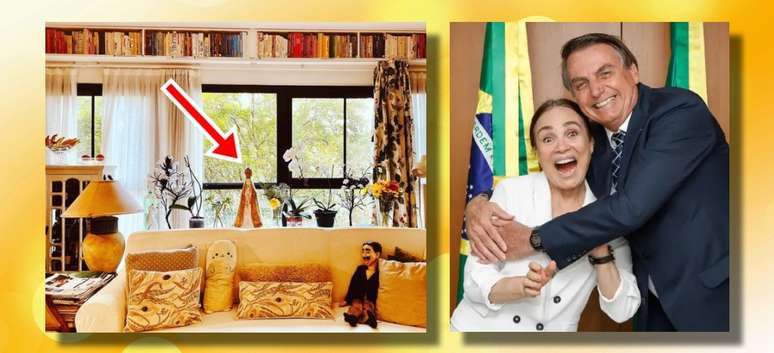 A imagem da santa ganhou lugar na sala da atriz; Regina mantém apoio a Bolsonaro