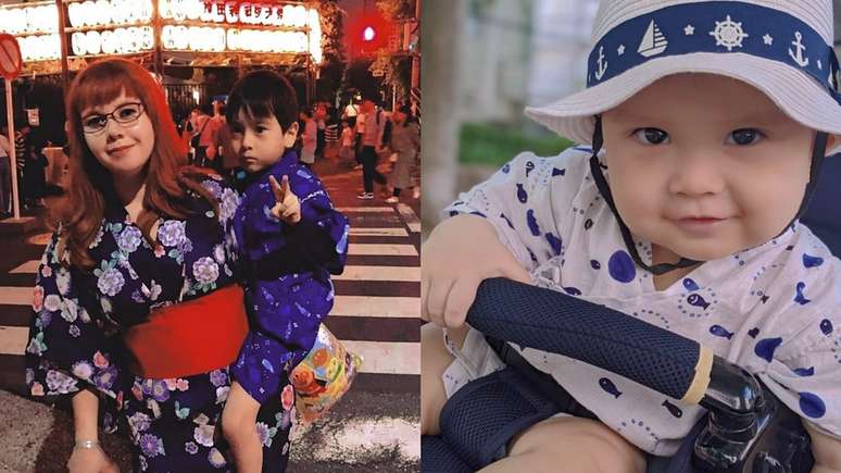 Paloma Arakaki e os filhos, Isac, de 8 anos, e Kouji, de 2 anos