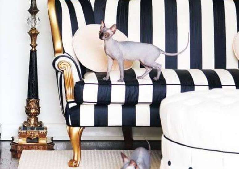 Sof&aacute; listrado em preto e branco.