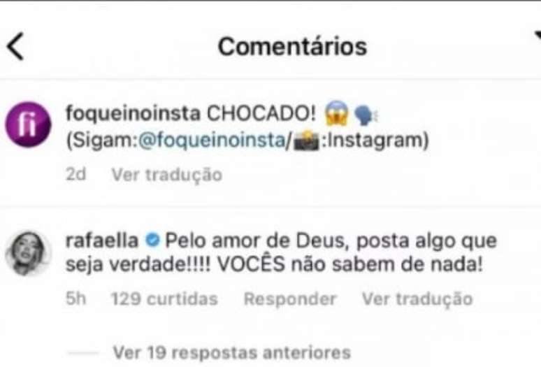 Comentário de Rafaella em página no Instagram (Foto: Reprodução)