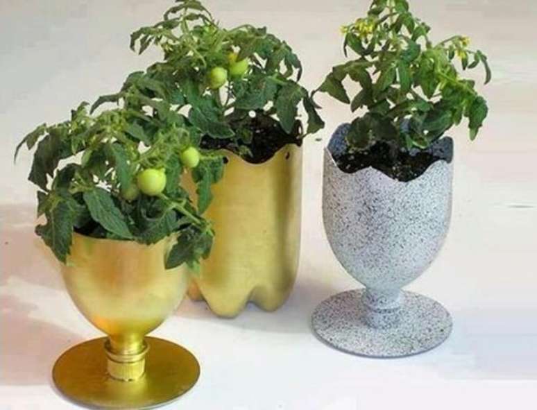 Recicle as garrafas de refrigerante em belos vasos para cultivar vegetais de baixa manutenção, como tomates.