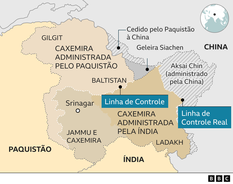 Mapa da Caxemira administrada pela Índia e Paquistão