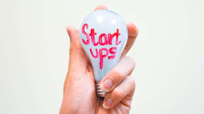 "Startups" escrito em uma lâmpada