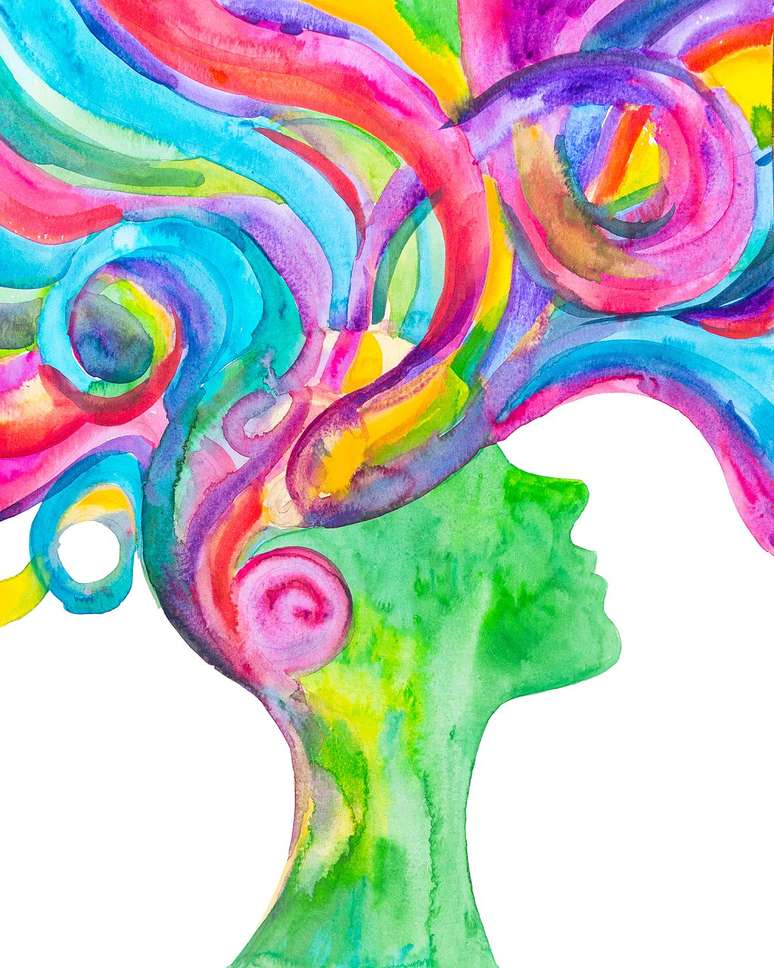 Desenho de cabe&ccedil;a com pensamentos coloridos saindo dele