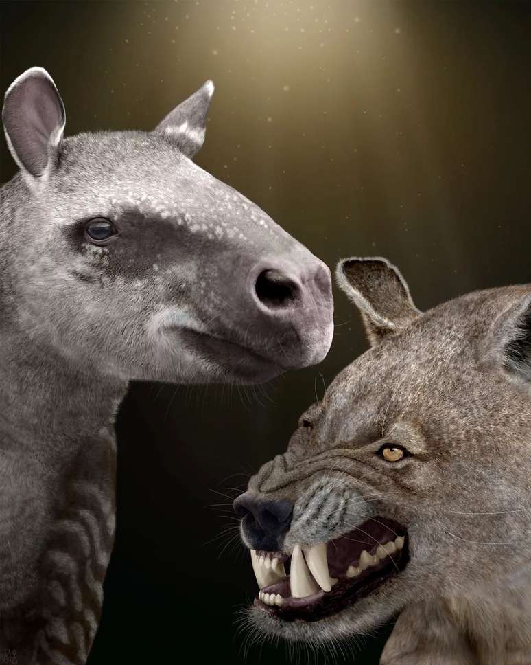 Grandes herbívoros como o Hyrachyus (à esquerda), e grandes carnívoros como o Arctocyon (à direita), evoluíram depois que os dinossauros foram extintos