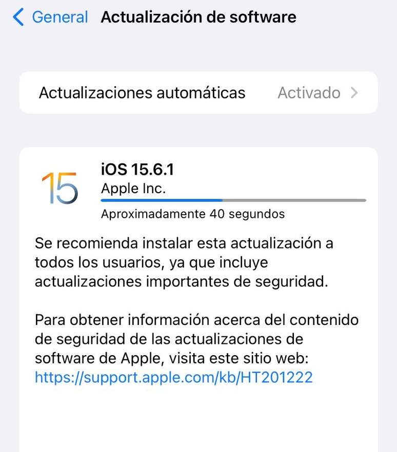 Captura de tela com a atualização lançada pela Apple