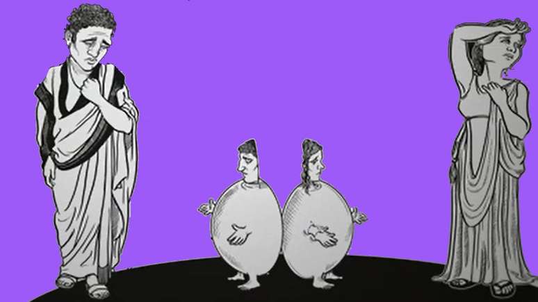 Humanos redondos divididos, Arist&oacute;fanes e uma mulher triste