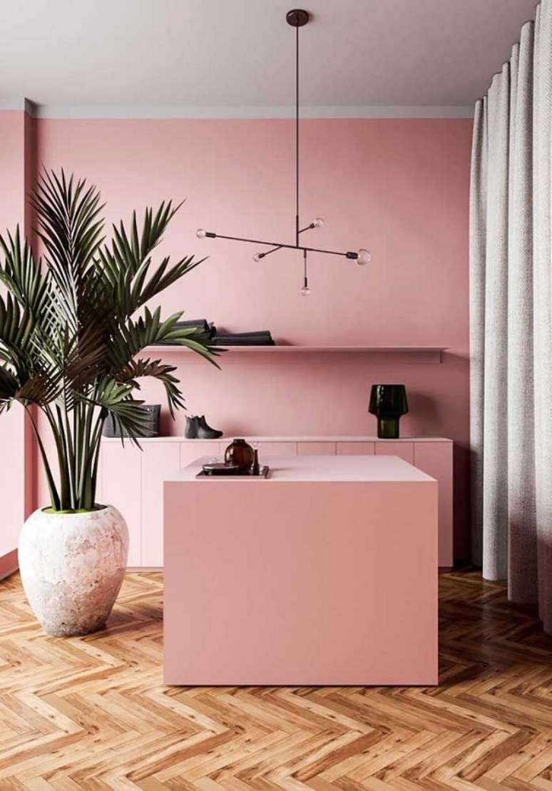 34. Cozinha planejada com bancada cor de rosa em pedra corian &ndash; Foto Decor Facil