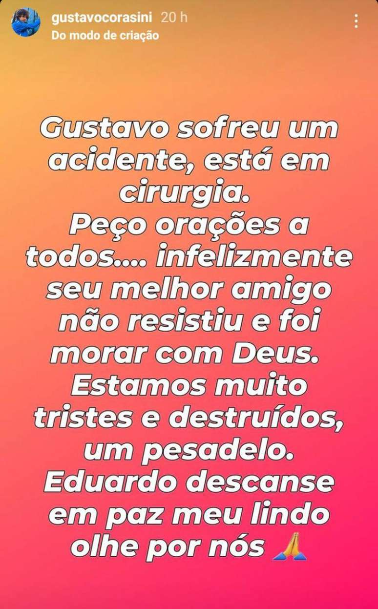 Comunicado no Instagram de&nbsp;Gustavo Corasini.