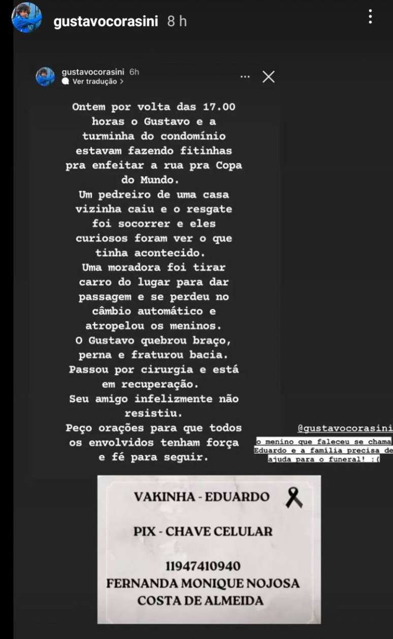 Comunicado na rede social de&nbsp;Gustavo Corasini.