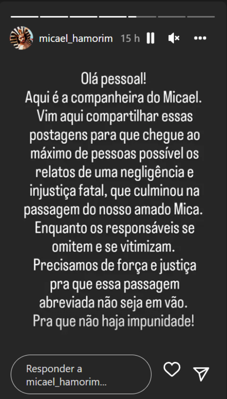 Companheiro publicou relato na rede social de Micael e também no próprio perfil