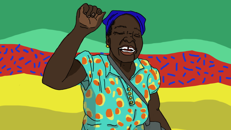 Ilustração de uma mulher negra com os punhos erguidos, ela representa a mãe da criança atacada. Ao fundo, estão as cores da bandeira do Moçambique.