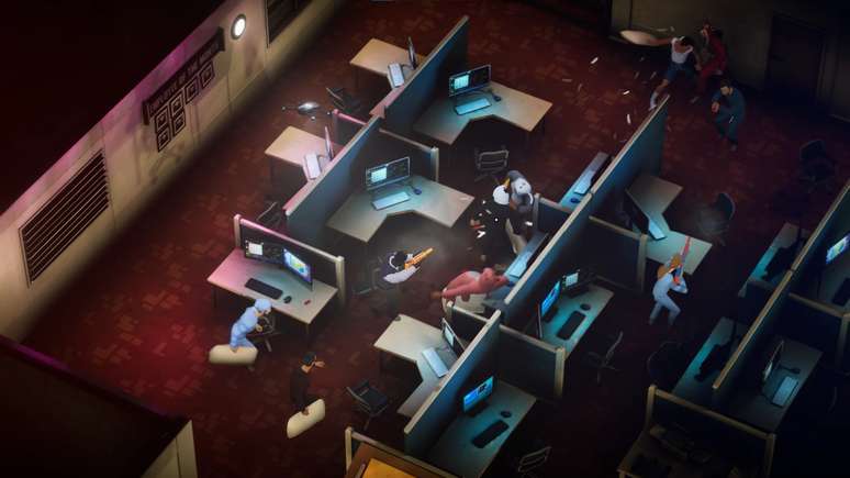 A a&ccedil;&atilde;o de Midnight Fight Express &eacute; vista em perspectiva isom&eacute;trica