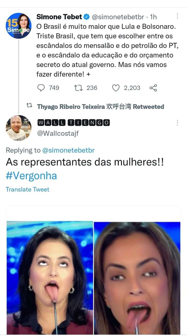 Perfil de apoio a Bolsonaro diz que Simone e Soraya são "vergonha" na defesa das mulheres.