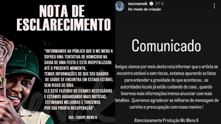 Comunicado nas redes do Mc Meno K.