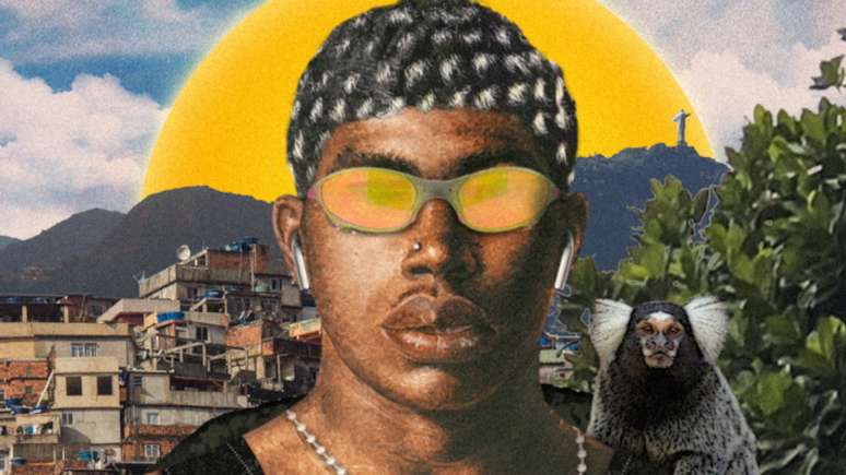 Imagem mostra um homem negro de óculos, luzes no cabelo e um macaco no ombro. Atrás dele está o sol e uma comunidade de favela.