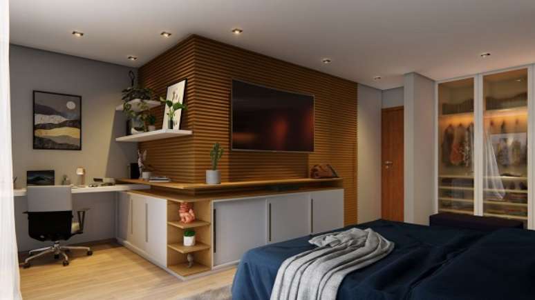 31. Quarto planejado com sapateira de madeira e vidro &ndash; Foto Luiza