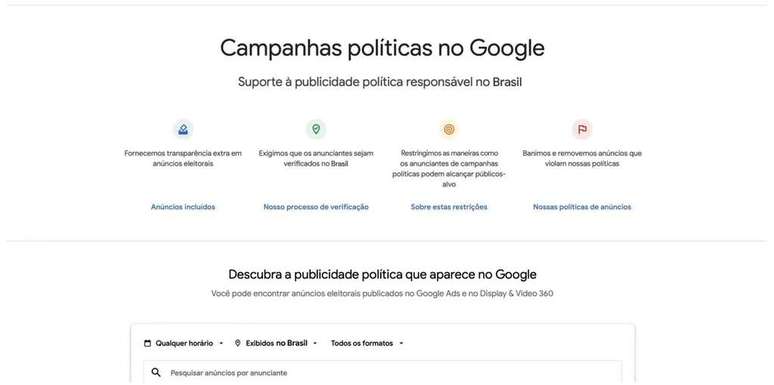 Este site é indispensável para quem trabalha com anúncios políticos pagos no Google Ads (Imagem: Reprodução/Google)